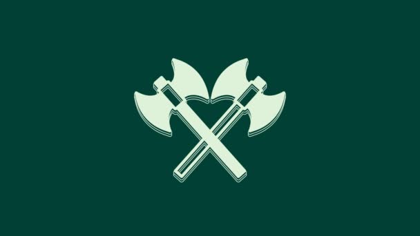 White Crossed medieval axes icon isolated on green background. Battle axe, executioner axe. Medieval weapon. 4K Video motion graphic animation. - Footage, Video