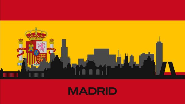 Silhouette of important buildings in the city on the flag of Spain. The vector silhouette of Madrid's famous buildings. Stock Photo - Vector, Image