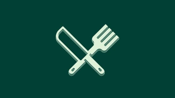 Couteau croisé blanc et icône de fourchette isolés sur fond vert. Symbole de couverts. Animation graphique de mouvement vidéo 4K. - Séquence, vidéo