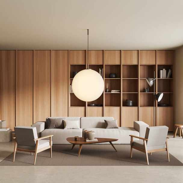 Light chill zone interior with sofa and two armchairs, coffee table and wooden shelf with decoration, beige concrete floor. Lounge area in modern apartment. 3D rendering - Foto, immagini