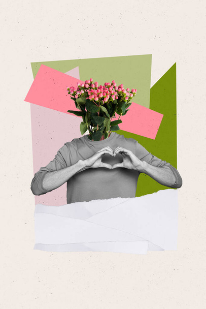Artwork magazine collage picture of funky funny guy bouquet instead of head showing hands heart isolated drawing background. - Фото, зображення