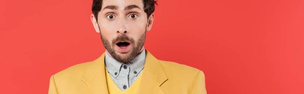 shocked man in yellow blazer standing with opened mouth and looking at camera on coral background, banner  - Foto, afbeelding