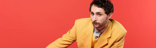 charming guy in stylish yellow blazer looking at camera isolated on red coral, banner  - Foto, Imagen