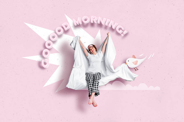 Collage 3D-Grafik Cartoon-Bild-Poster von lustigen schläfrigen Mädchen aufwachen späten sonnigen Morgen isoliert auf dem Zeichenhintergrund. - Foto, Bild