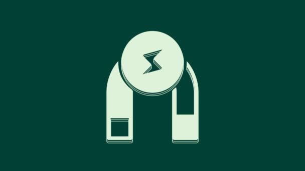 Icono de imán blanco aislado sobre fondo verde. Imán de herradura, magnetismo, magnetización, atracción. Animación gráfica de vídeo 4K. - Metraje, vídeo