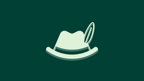 White Oktoberfest hat icon isolated on green background. Hunter hat with feather. German hat. 4K Video motion graphic animation. - Footage, Video