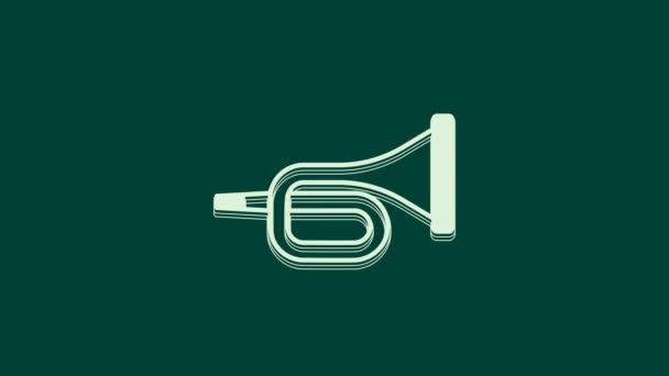 Icono de trompeta instrumento musical blanco aislado sobre fondo verde. Animación gráfica de vídeo 4K. - Metraje, vídeo
