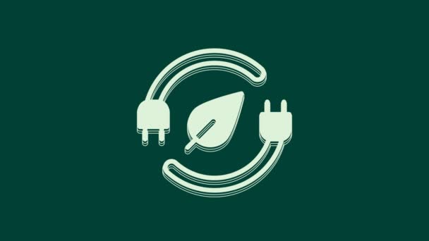 White Electric saving plug in leaf icon isoliert auf grünem Hintergrund. Energiesparen. Umweltschutz. Bioenergie. 4K Video Motion Grafik Animation. - Filmmaterial, Video