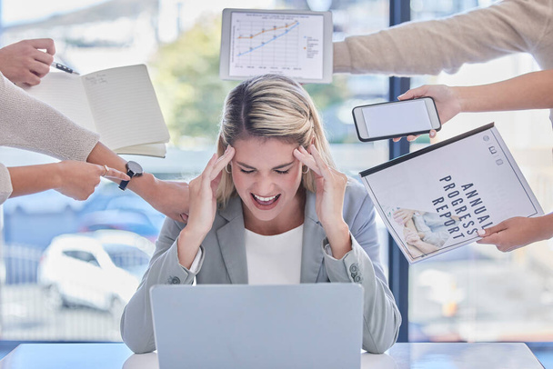 Headache, multitask and business woman in stress, anxiety and burnout of deadlines, time management or pressure. Frustrated female employee scream for migraine, pain or chaos in overwhelmed workplace. - Photo, image