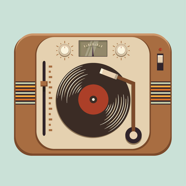 Old vintage gramophone player or a vinyl turntable, vector illustration, top view - Vektor, Bild