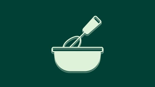 Fehér főzés habverő tál ikon elszigetelt zöld alapon. Főzőeszköz, tojásverő. Evőeszköz jel. Ételkeverék szimbólum. 4K Videó mozgás grafikus animáció. - Felvétel, videó