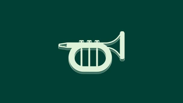 Icono de trompeta blanca aislado sobre fondo verde. Instrumento musical. Animación gráfica de vídeo 4K. - Metraje, vídeo