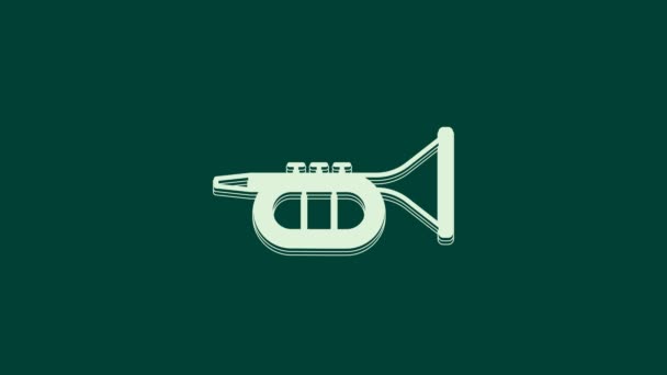 Icono de trompeta blanca aislado sobre fondo verde. Instrumento musical. Animación gráfica de vídeo 4K. - Metraje, vídeo