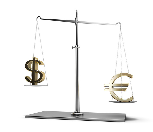 Schalen van Justitie met de euro en de dollar-symbolen - Foto, afbeelding