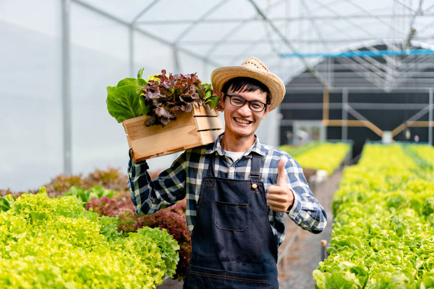Молодой человек умный фермер улыбается, работая и медведя корзину на плече органические гидропонные овощи к подготовке экспорта для продажи. - Фото, изображение