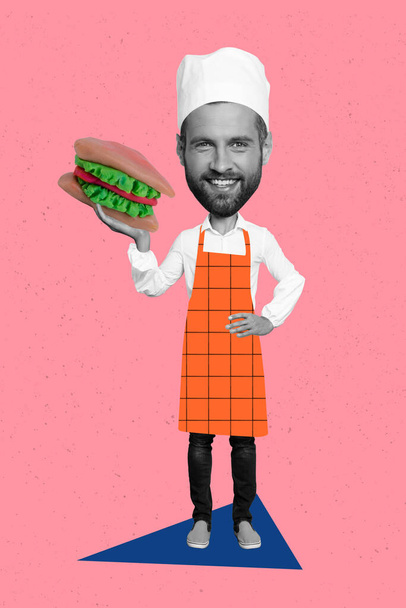 Creative funny advert banner guy professional chef culinary collage concept hold american plasticine tasty burger isolated on pink background. - Φωτογραφία, εικόνα