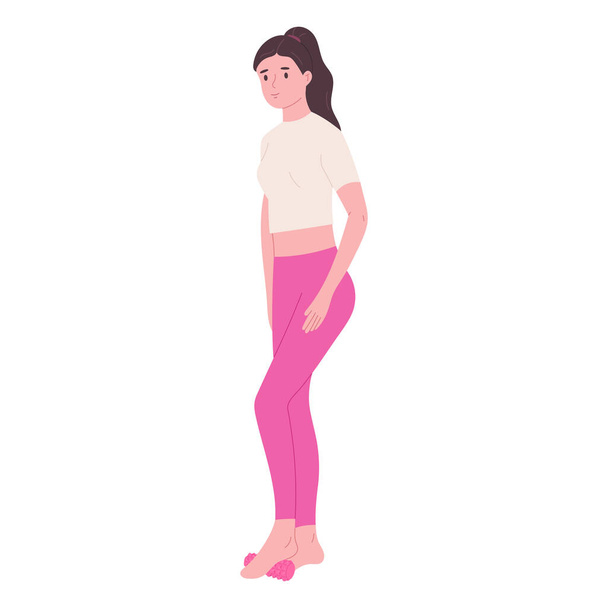 Mujer haciendo ejercicio con rodillo de pie, concepto de automasaje - ilustración vectorial plana aislada sobre fondo blanco. Entrenamiento de fitness inteligente. Equipo de yoga y pilates. Fisioterapia y rehabilitación. - Vector, Imagen