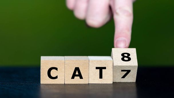 Symbol für Netzwerktechnologie. Hand dreht Würfel und ändert den Ausdruck CAT7 in CAT8. - Foto, Bild
