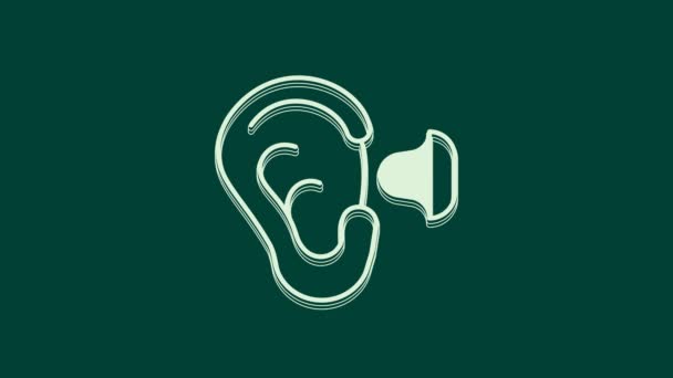Белые наушники и значок уха, выделенные на зеленом фоне. Знак затычка для ушей. Символ шума. Концепция качества сна. Видеографическая анимация 4K. - Кадры, видео