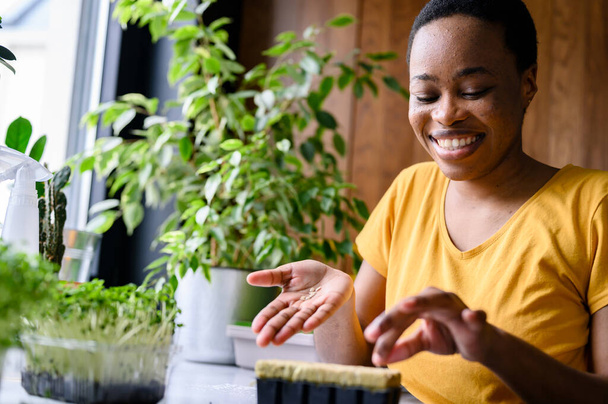 afro-américaine fleuriste prendre soin des plantes  - Photo, image