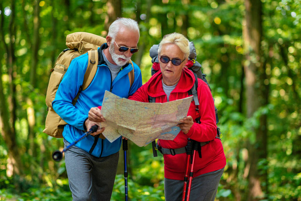 Happy senior couple of hikers looking for destination on the map. Love, people, nature and lifestyle concept. - Photo, Image