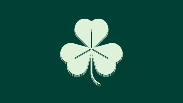 Witte Klaver pictogram geïsoleerd op groene achtergrond. Fijne Saint Patrick dag. 4K Video motion grafische animatie. - Video
