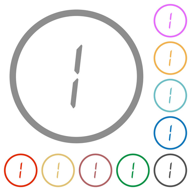 digitale Nummer eins von sieben Segmenttypen mit flachen Farbsymbolen in runden Umrissen auf weißem Hintergrund - Vektor, Bild