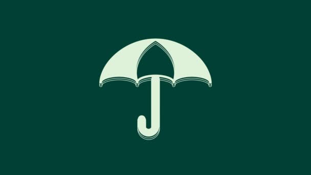 Weißes Regenschirm-Symbol isoliert auf grünem Hintergrund. Versicherungskonzept. Wasserdichtes Symbol. Schutz, Sicherheit, Sicherheitskonzept. 4K Video Motion Grafik Animation. - Filmmaterial, Video