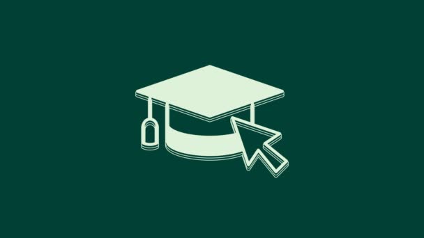 Biała czapka Graduation z ikoną kursora izolowana na zielonym tle. Symbol edukacji światowej. Koncepcja uczenia się online lub e-learningu. 4K Animacja graficzna ruchu wideo. - Materiał filmowy, wideo