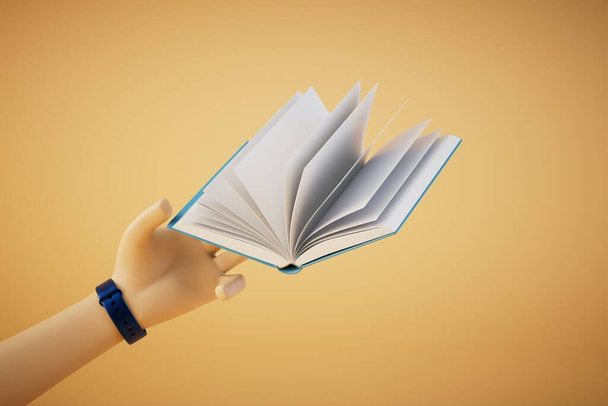 het concept van permanente educatie. een hand met een open boek op een pastelachtergrond. 3D-weergave. - Foto, afbeelding