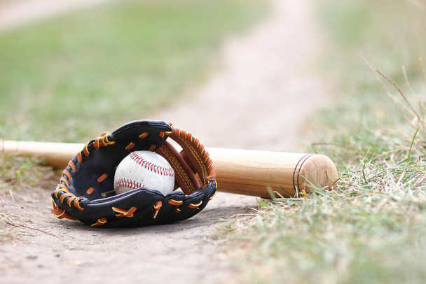 baseball bat concept with ball outdoors in the park on the field - Fotografie, Obrázek