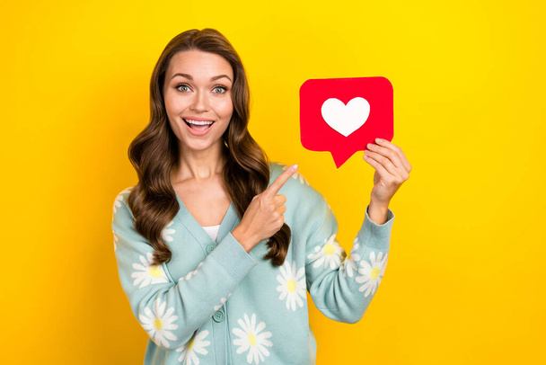 Photo portrait of excited surprised positive girlfriend hold like point finger icon notification share subscribe isolated on yellow color background. - Valokuva, kuva