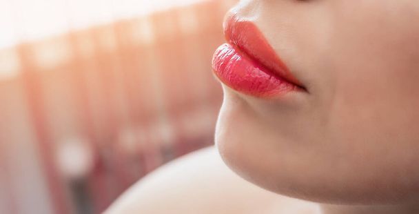 Bright red women's lips close-up. - Фото, зображення
