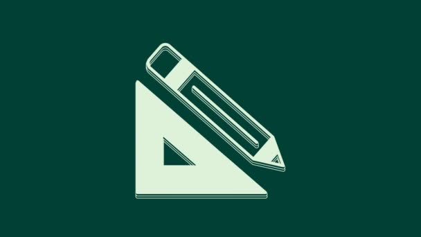 Biały trójkątny linijka i ikona ołówka izolowane na zielonym tle. Prosty symbol. Narzędzia do rysowania i edukacji. 4K Animacja graficzna ruchu wideo. - Materiał filmowy, wideo