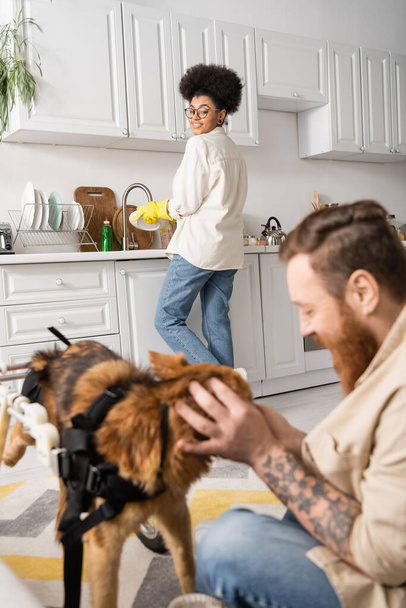 Smiling african american woman washing plate and looking at blurred boyfriend petting disabled dog at home - Foto, imagen