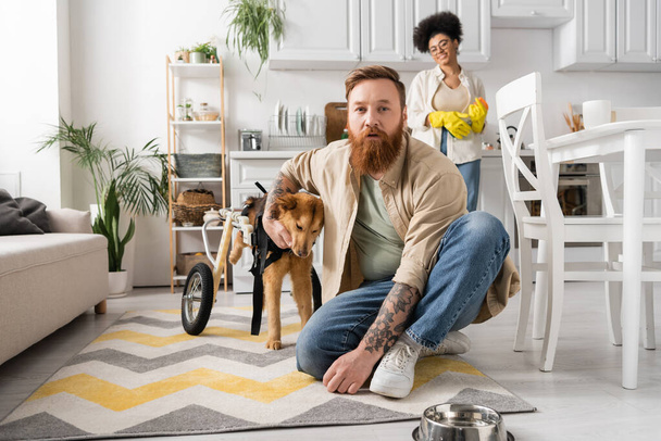Bearded man petting disabled dog near cheerful african american woman on blurred background  - Foto, afbeelding