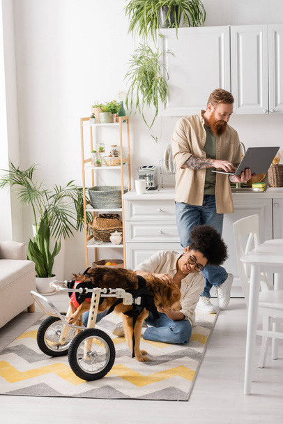 Smiling african american woman sitting near disabled dog and boyfriend using laptop in kitchen  - Фото, зображення