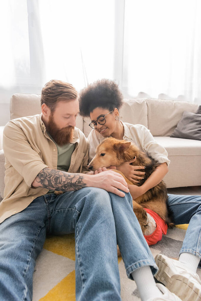 Smiling african american woman hugging handicapped dog near tattooed boyfriend at home  - Photo, Image