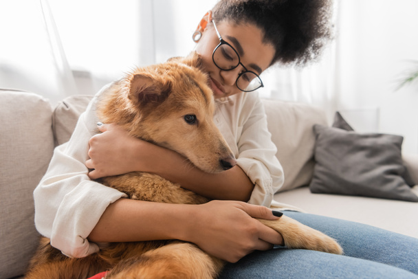 Young african american woman in eyeglasses hugging dog on couch at home  - Фото, изображение