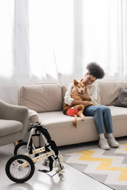 Positive african american woman hugging disabled dog on couch near wheelchair in living room  - Fotografie, Obrázek