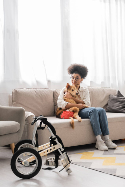 Jeune femme afro-américaine étreignant chien handicapé et regardant la caméra à la maison  - Photo, image