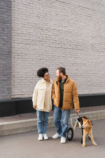 Lächelndes gemischtes Paar steht neben behindertem Hund auf Stadtstraße  - Foto, Bild