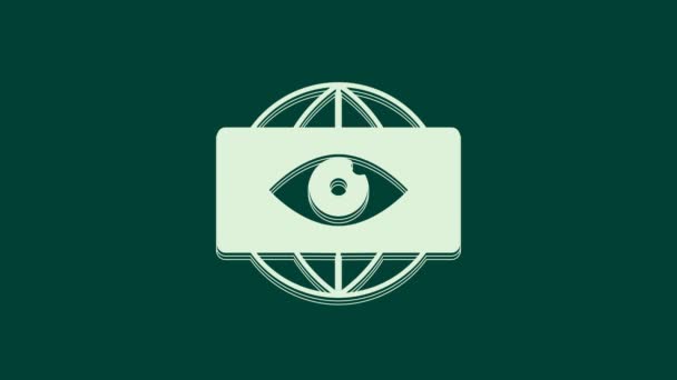 Fehér Big Brother elektronikus szem ikon elszigetelt zöld háttérrel. Globális megfigyelési technológia, számítógépes rendszerek és hálózatok biztonsága. 4K Videó mozgás grafikus animáció. - Felvétel, videó