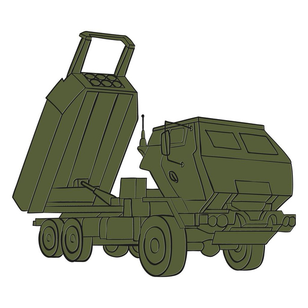 HIMARS Doodle περίγραμμα στο χρώμα. Σύστημα πυραύλων υψηλής κινητικότητας M142. Τακτικό φορτηγό. Πολύχρωμη διανυσματική απεικόνιση που απομονώνεται σε λευκό φόντο. - Διάνυσμα, εικόνα