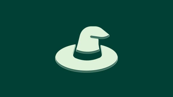 Biała ikona kapelusza czarownicy na zielonym tle. Wesołego Halloween. 4K Animacja graficzna ruchu wideo. - Materiał filmowy, wideo