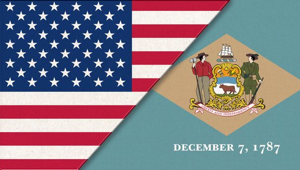 Прапори штату Делавер і Сполучених Штатів Америки. Прапори США і Делавер. Політична концепція. Американський національний прапор і Делавер. Два прапори на поверхні тканини. Подвійний прапор 3d ілюстрація - Фото, зображення