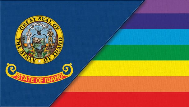 Banderas de Idaho y lgbt. concepto sexual. Doble bandera 3d ilustración. Bandera símbolo Idaho. Banderas de Idahoand minorías sexuales. Dos banderas en la superficie. Símbolo de las minorías sexuales - Foto, Imagen