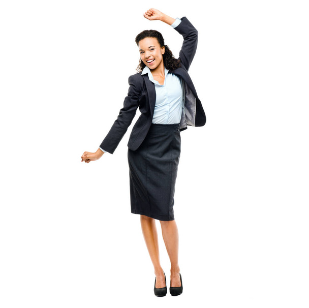 Business woman, dancing or success expression for company growth, sales deal or finance salary bonus. Smile, happy or worker dance in celebration, winner or comic victory on isolated white background. - Photo, image