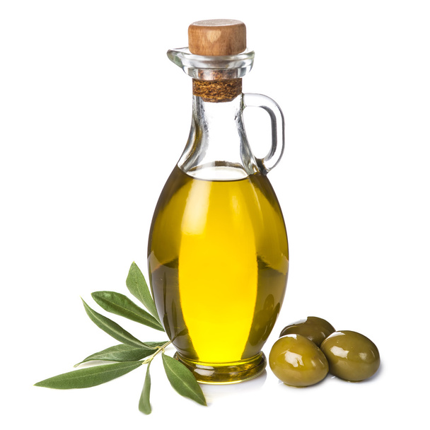 Extra olive oil bottle and green olives on white background - Foto, afbeelding