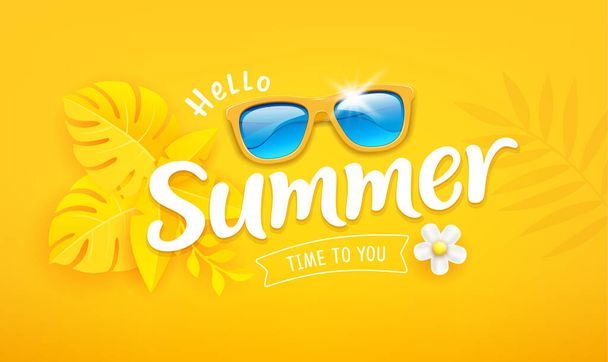 Gafas de sol con corte de papel de hoja amarilla, diseño de letras de verano sobre fondo amarillo, ilustración vectorial Eps 10 - Vector, imagen